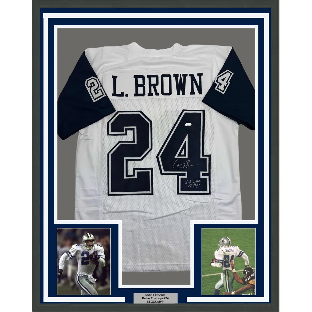 Framed autographed Larry Brown Dallas Cowboys white jersey number 24 back