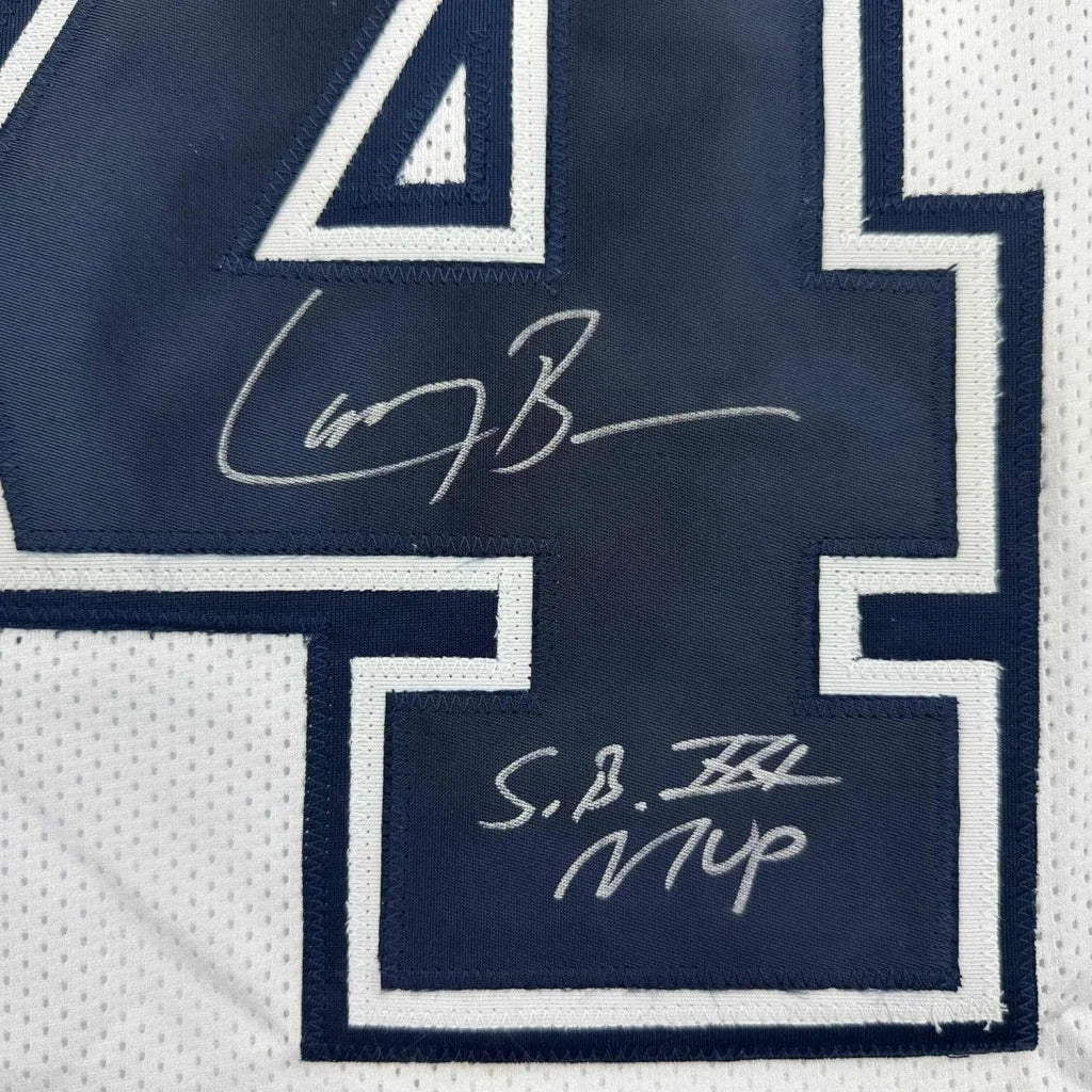 Navy blue white number four patch signed on Larry Brown framed Dallas Cowboys jersey
