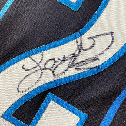 Framed Autographed Larry Johnson 35x39 Charlotte Black Basketball Jersey JSA COA | Certified Authentic Signed Memorabilia | vintageantiquesgifts.com