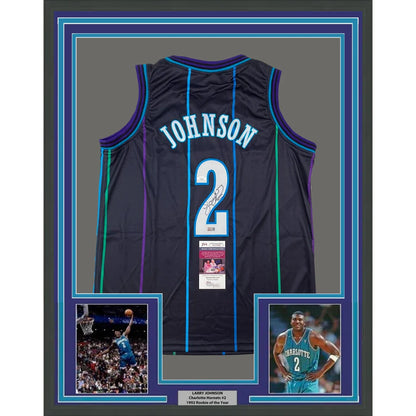 Framed Autographed Larry Johnson 35x39 Charlotte Black Basketball Jersey JSA COA | Hall of Fame Sports Memorabilia | vintageantiquesgifts.com