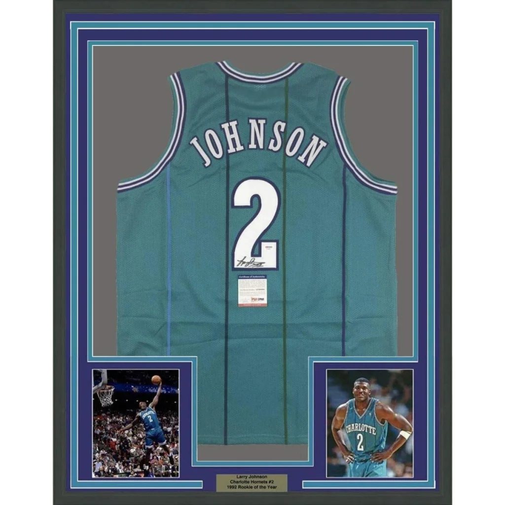 Framed Autographed Larry Johnson 35x39 Charlotte Teal Basketball Jersey PSA/DNA COA | Hall of Fame Sports Memorabilia | vintageantiquesgifts.com