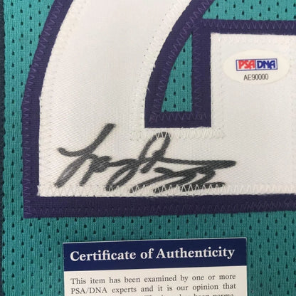 Framed Autographed Larry Johnson 35x39 Charlotte Teal Basketball Jersey PSA/DNA COA | Certified Authentic Signed Memorabilia | vintageantiquesgifts.com