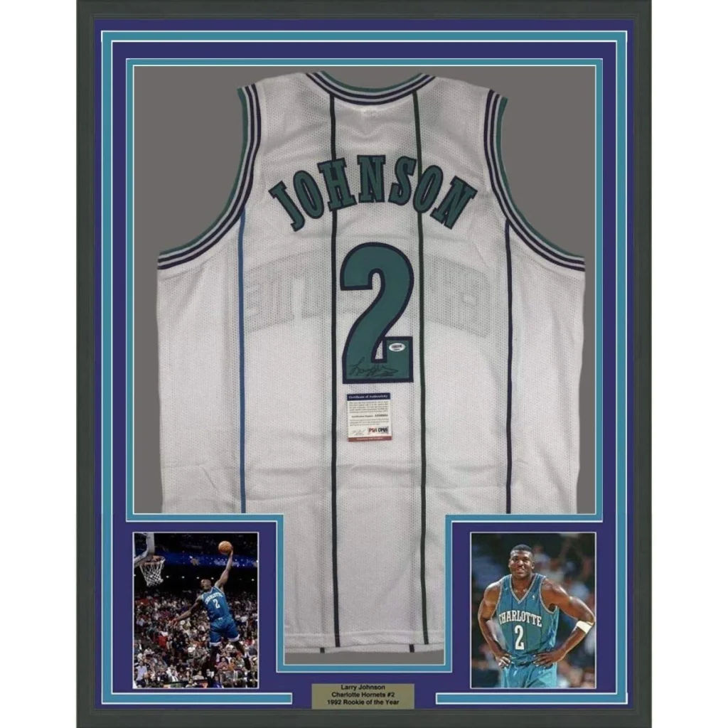 Framed Autographed Larry Johnson 35x39 Charlotte White Basketball Jersey PSA/DNA COA | Hall of Fame Sports Memorabilia | vintageantiquesgifts.com