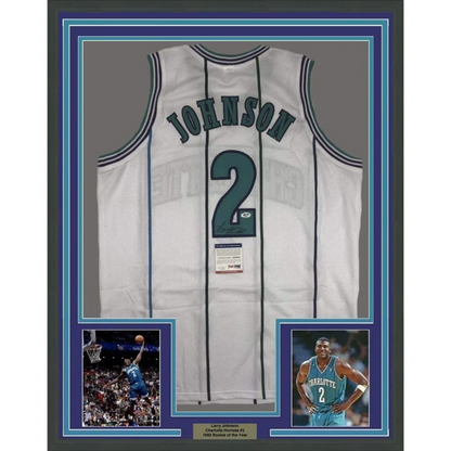 Framed Autographed Larry Johnson 35x39 Charlotte White Basketball Jersey PSA/DNA COA | Hall of Fame Sports Memorabilia | vintageantiquesgifts.com