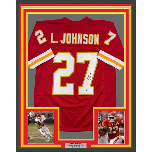 Framed Autographed Larry Johnson 35x39 Kansas City Red Football Jersey Beckett BAS COA | Hall of Fame Sports Memorabilia | vintageantiquesgifts.com