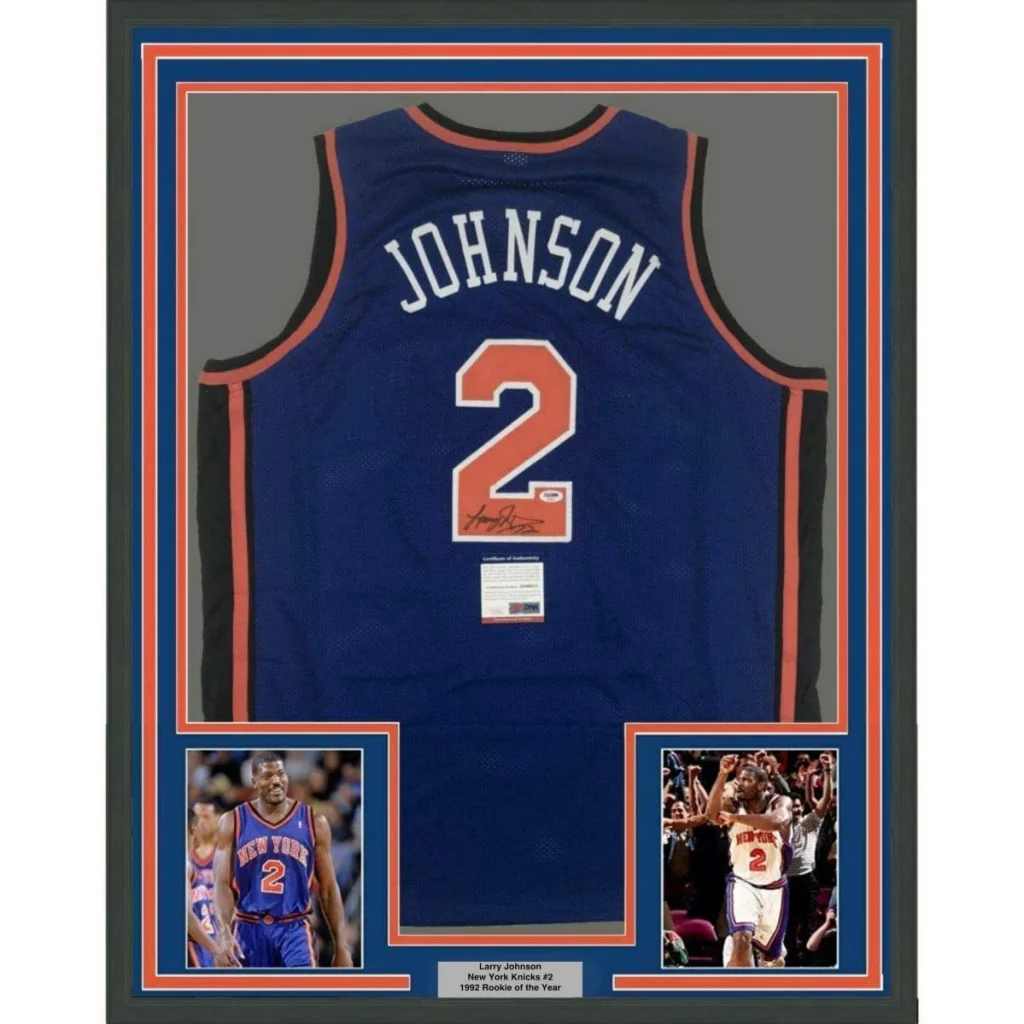 Framed Larry Johnson Knicks #2 autographed jersey with two player photos, PSA authenticated