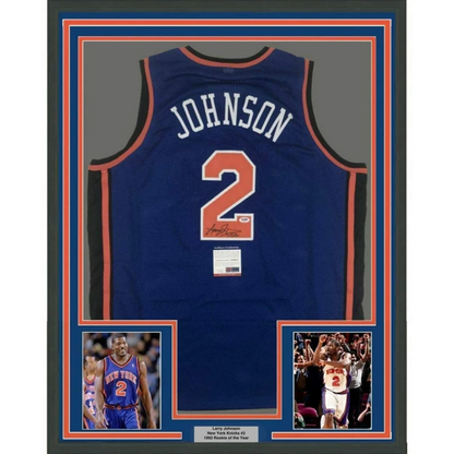 Framed Larry Johnson Knicks #2 autographed jersey with two player photos, PSA authenticated