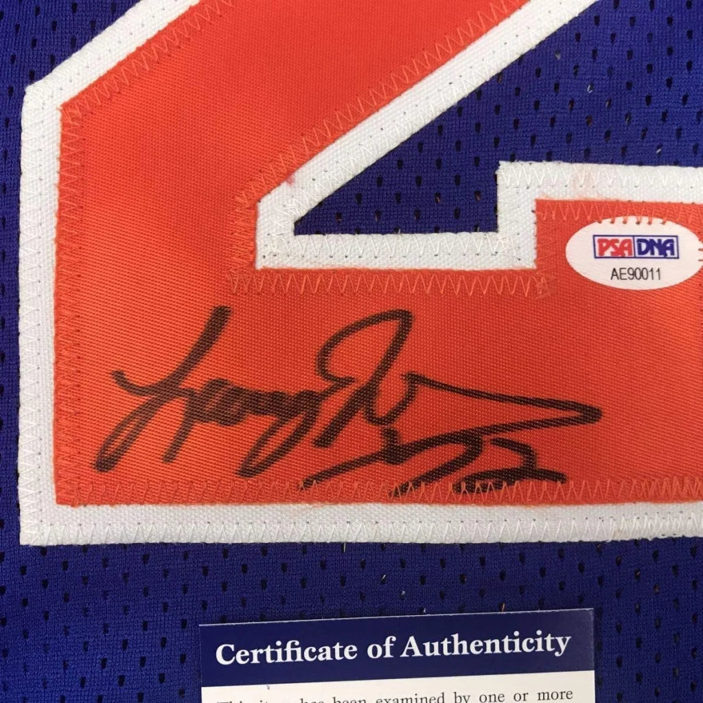 Framed autographed Larry Johnson New York Knicks blue jersey back with number 2 patch, PSA/DNA COA