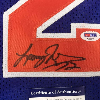 Framed autographed Larry Johnson New York Knicks blue jersey back with number 2 patch, PSA/DNA COA
