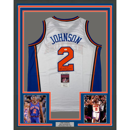 Framed and autographed Larry Johnson Knicks jersey with player photos ready to hang