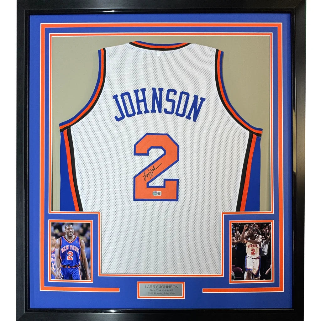 Framed autographed Larry Johnson New York Knicks white jersey back with number 2