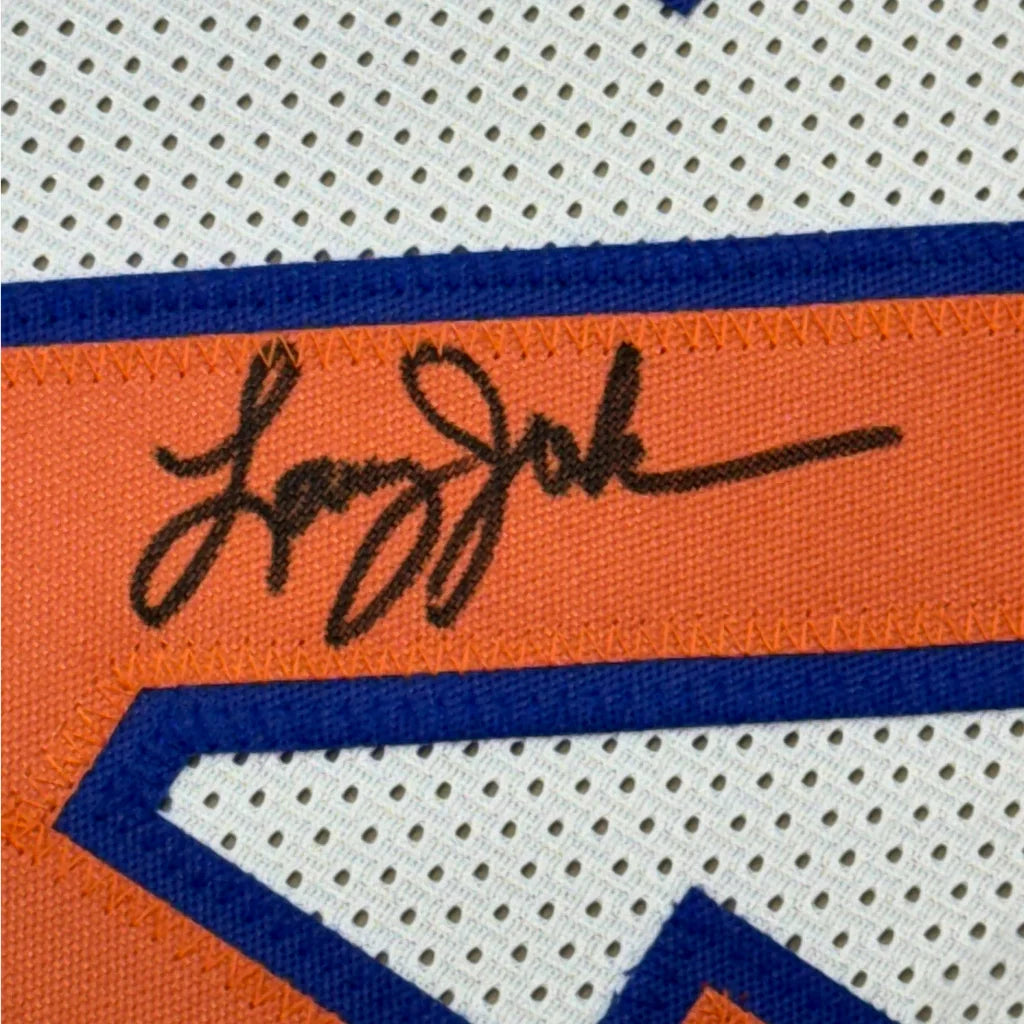 Framed Larry Johnson signed orange patch on white Knicks jersey JSA COA