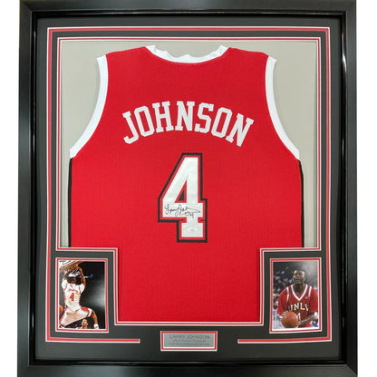 Framed autographed UNLV red basketball jersey with number 4, Larry Johnson, PSA/DNA COA