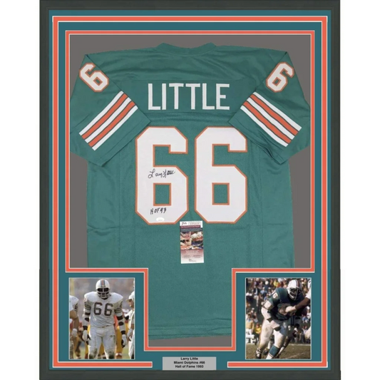 Framed Larry Little signed Miami Dolphins jersey with player photos and Hall of Fame plaque