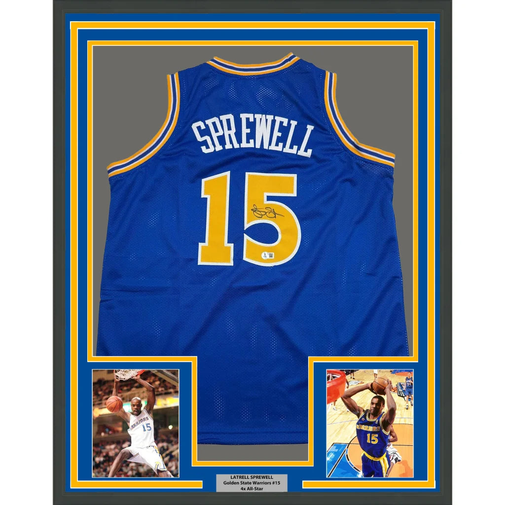 Framed Latrell Sprewell signed Warriors jersey with photos ready to hang