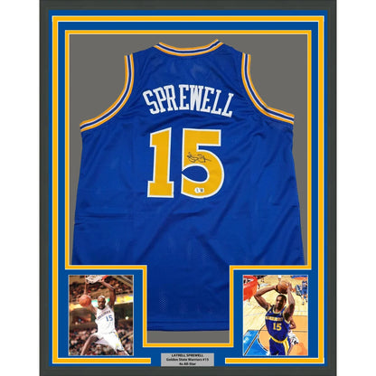 Framed Latrell Sprewell signed Warriors jersey with photos ready to hang