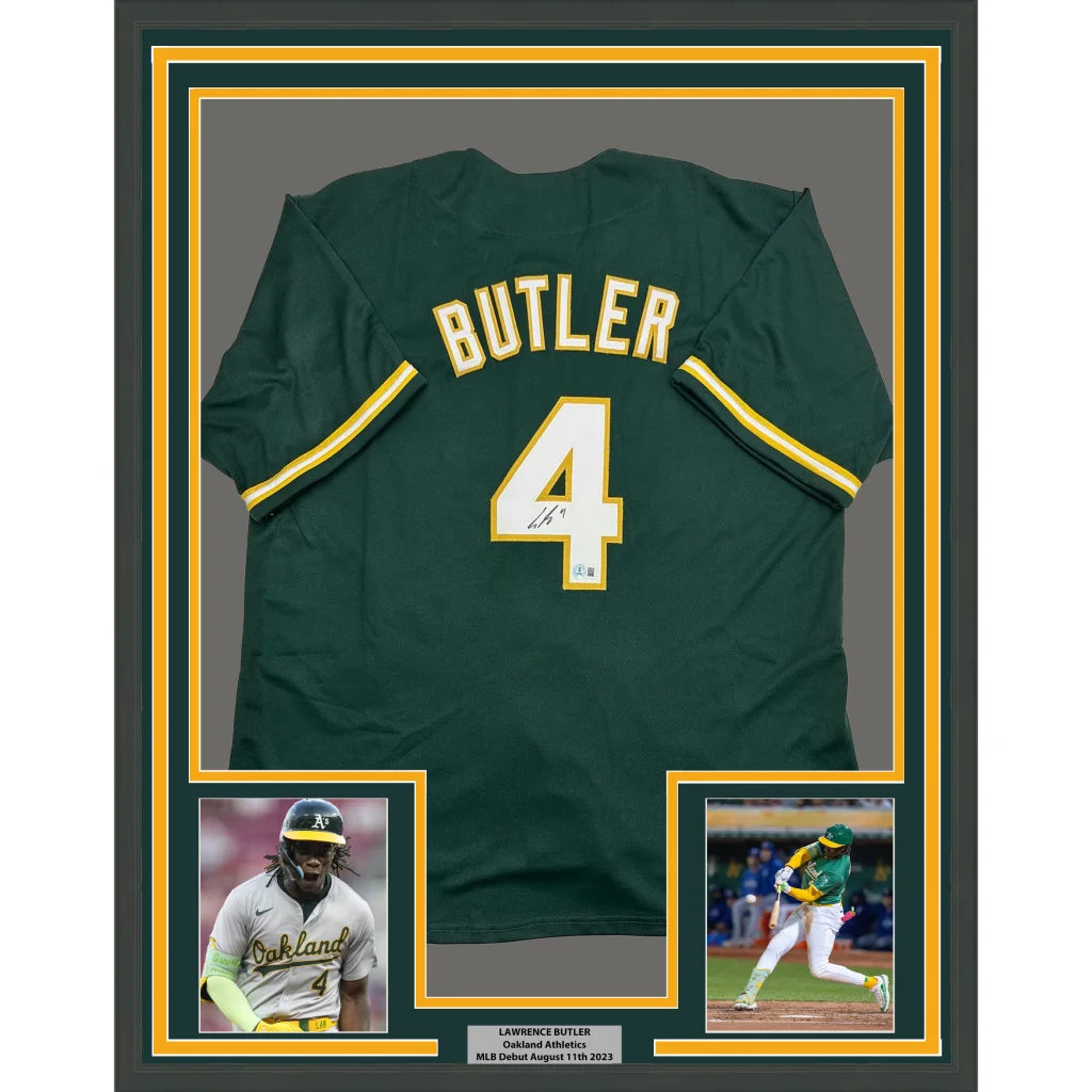 Framed Autographed Lawrence Butler 35x39 Oakland Green Baseball Jersey Beckett BAS COA | Hall of Fame Sports Memorabilia | vintageantiquesgifts.com