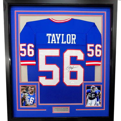 Framed Autographed Lawrence Taylor 35x39 New York Blue Football Jersey JSA COA | Hall of Fame Sports Memorabilia | vintageantiquesgifts.com