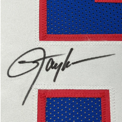Framed Autographed Lawrence Taylor 35x39 New York Blue Football Jersey JSA COA | Certified Authentic Signed Memorabilia | vintageantiquesgifts.com