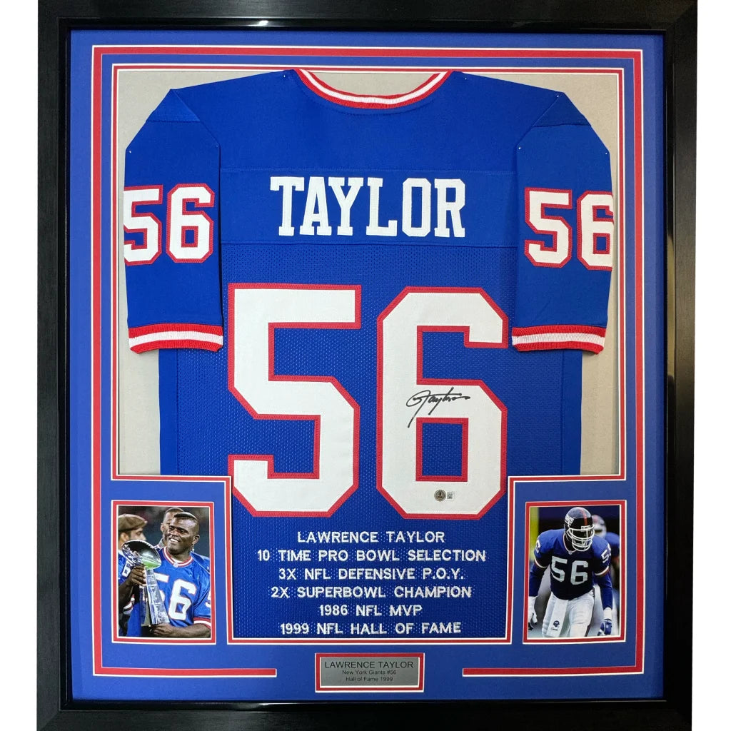 Framed Autographed Lawrence Taylor 35x39 New York Blue Stat Football Jersey Beckett BAS COA | Hall of Fame Sports Memorabilia | vintageantiquesgifts.com