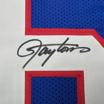 Framed Autographed Lawrence Taylor 35x39 New York Blue Stat Football Jersey Beckett BAS COA | Certified Authentic Signed Memorabilia | vintageantiquesgifts.com
