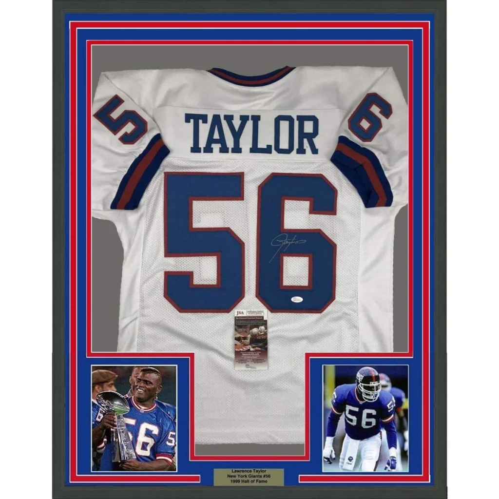 Framed autographed Lawrence Taylor New York Giants white jersey back, Taylor 56