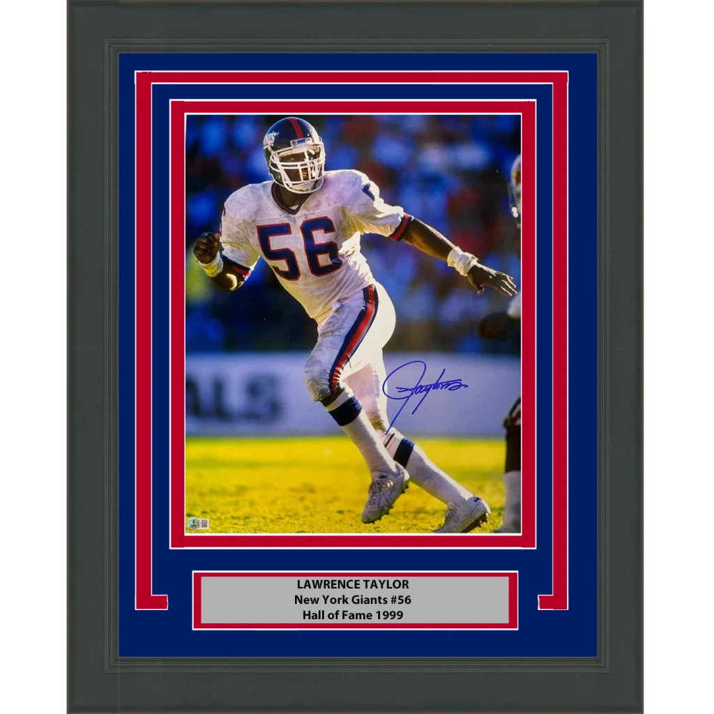 Framed and matted Lawrence Taylor autographed photo in a York Giants uniform