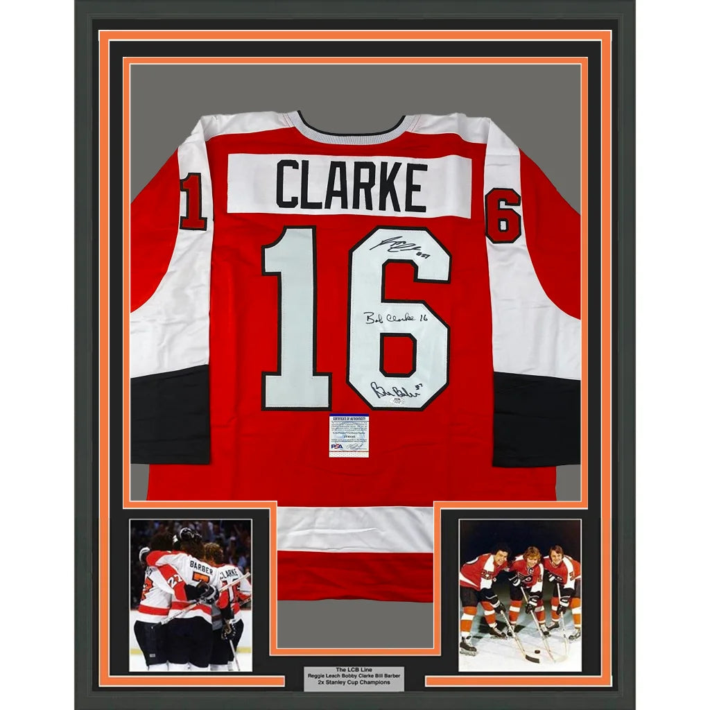 Framed autographed Philadelphia Flyers LCB Line hockey jersey with Clarke 16
