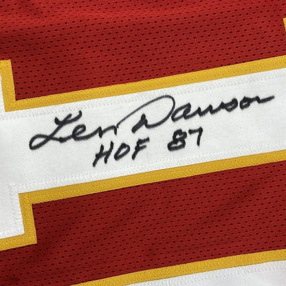 Framed autographed kansas city chiefs red and yellow football jersey with white len dawson hof 87 signature patch