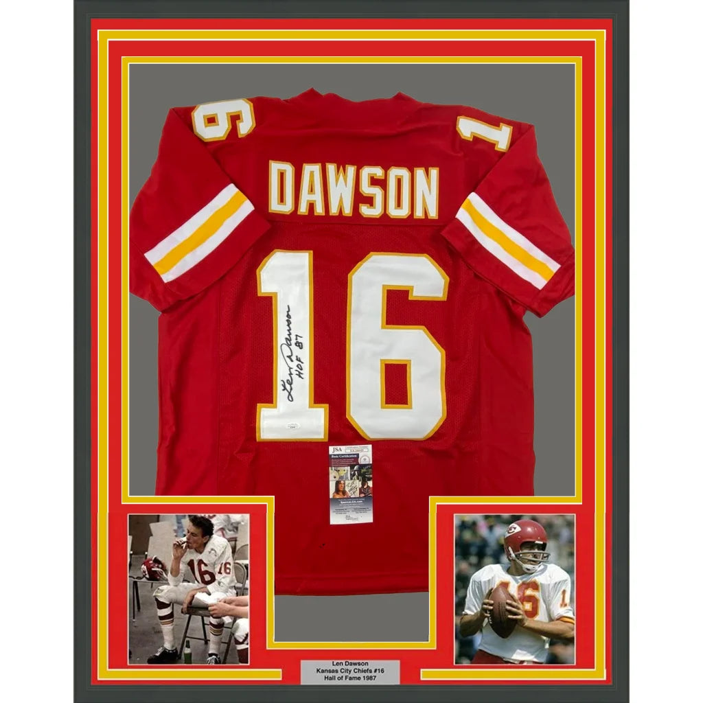 Framed autographed red Kansas City Chiefs football jersey signed by Len Dawson with white and gold lettering number 16