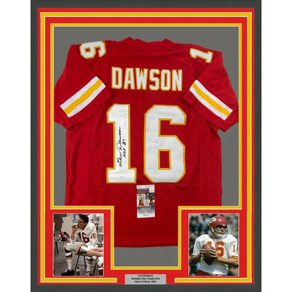 Framed autographed red Kansas City Chiefs football jersey signed by Len Dawson with white and gold lettering number 16