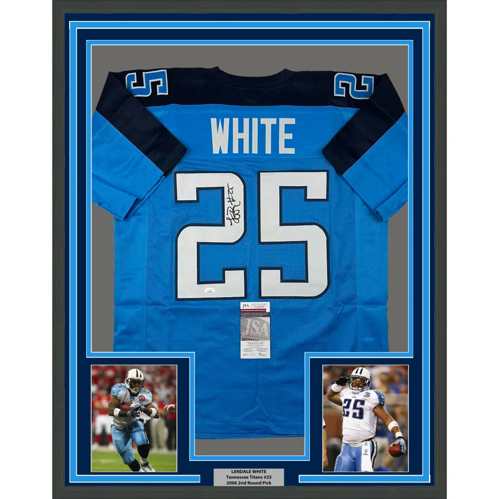 Framed autographed LenDale White Tennessee Titans light blue jersey with number 25