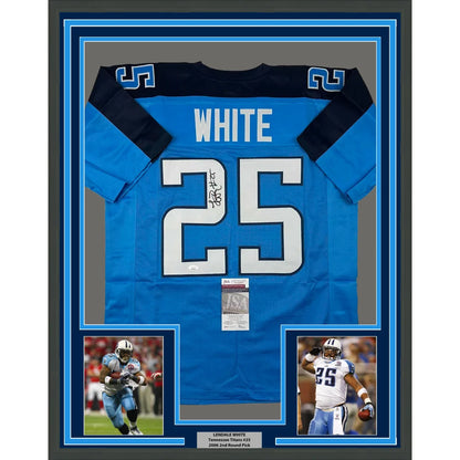 Framed autographed LenDale White Tennessee Titans light blue jersey with number 25