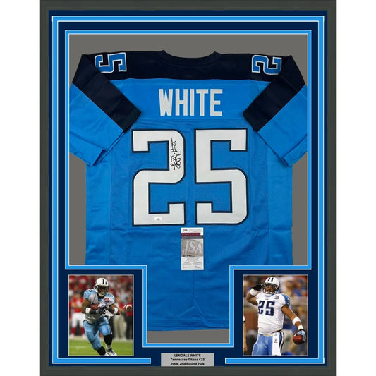 Framed autographed LenDale White Tennessee Titans light blue jersey with number 25