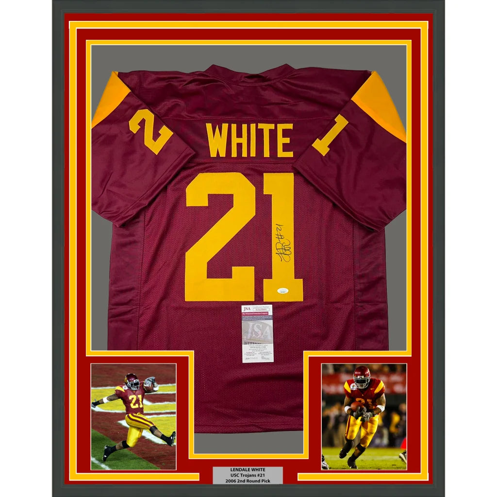 Framed Autographed LenDale White 35x39 USC Southen Cal Maroon College Football Jersey JSA COA | Hall of Fame Sports Memorabilia | vintageantiquesgifts.com