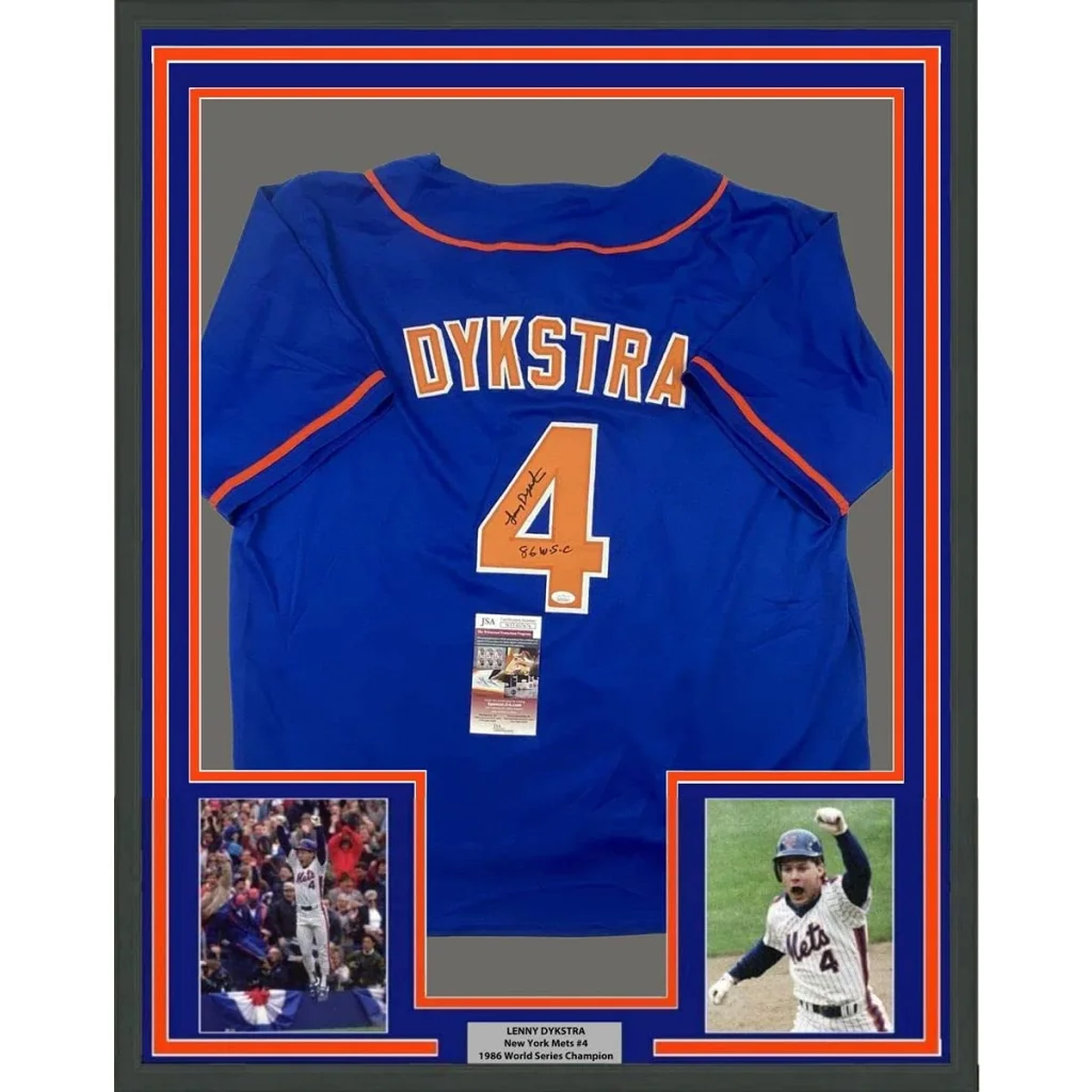 Framed autographed Lenny Dykstra New York Mets blue jersey with Dykstra 4, JSA COA
