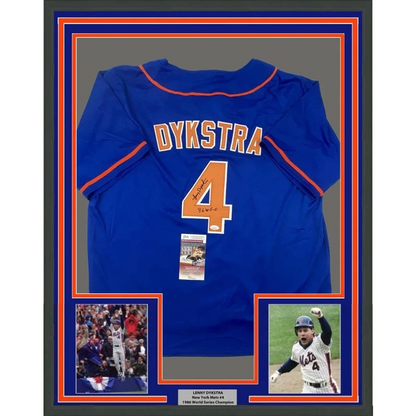 Framed autographed Lenny Dykstra New York Mets blue jersey with Dykstra 4, JSA COA