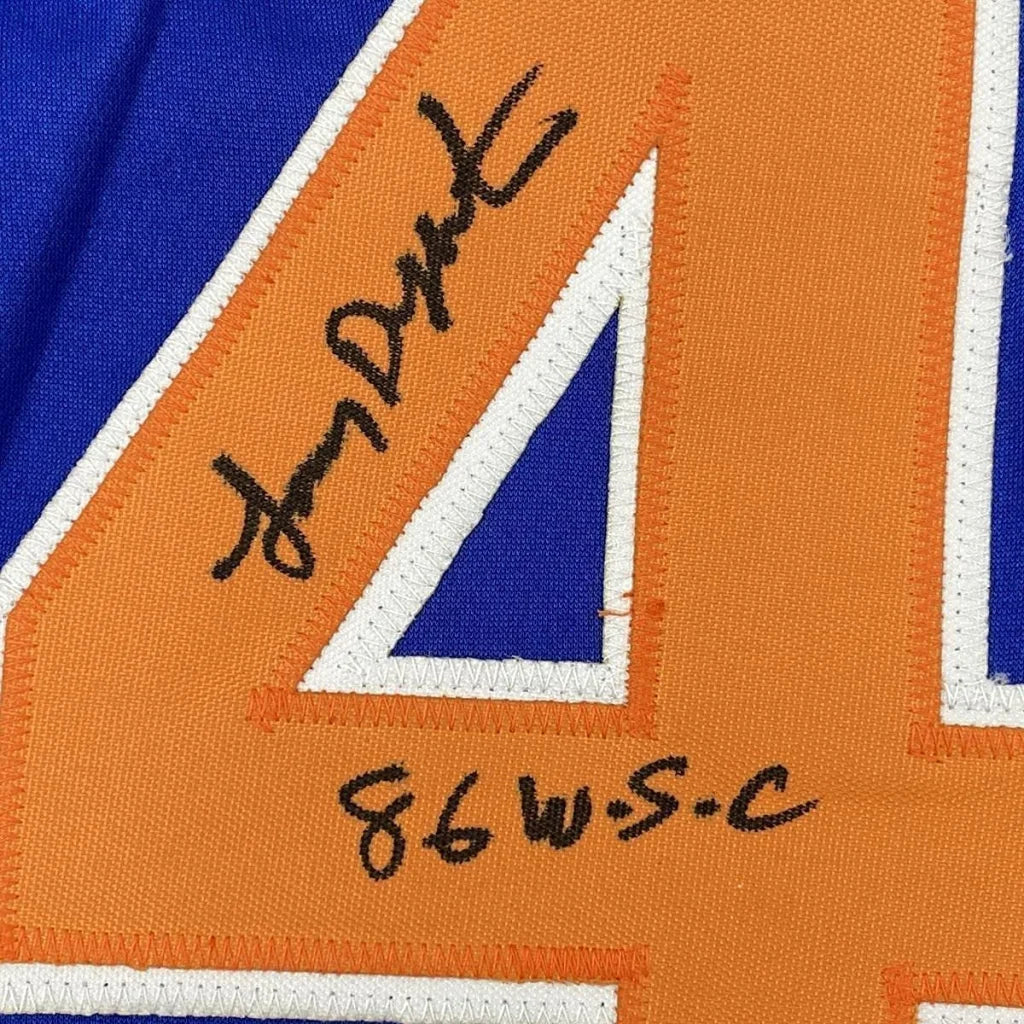Framed autographed Lenny Dykstra 1986 WS Champs blue jersey back with number 4
