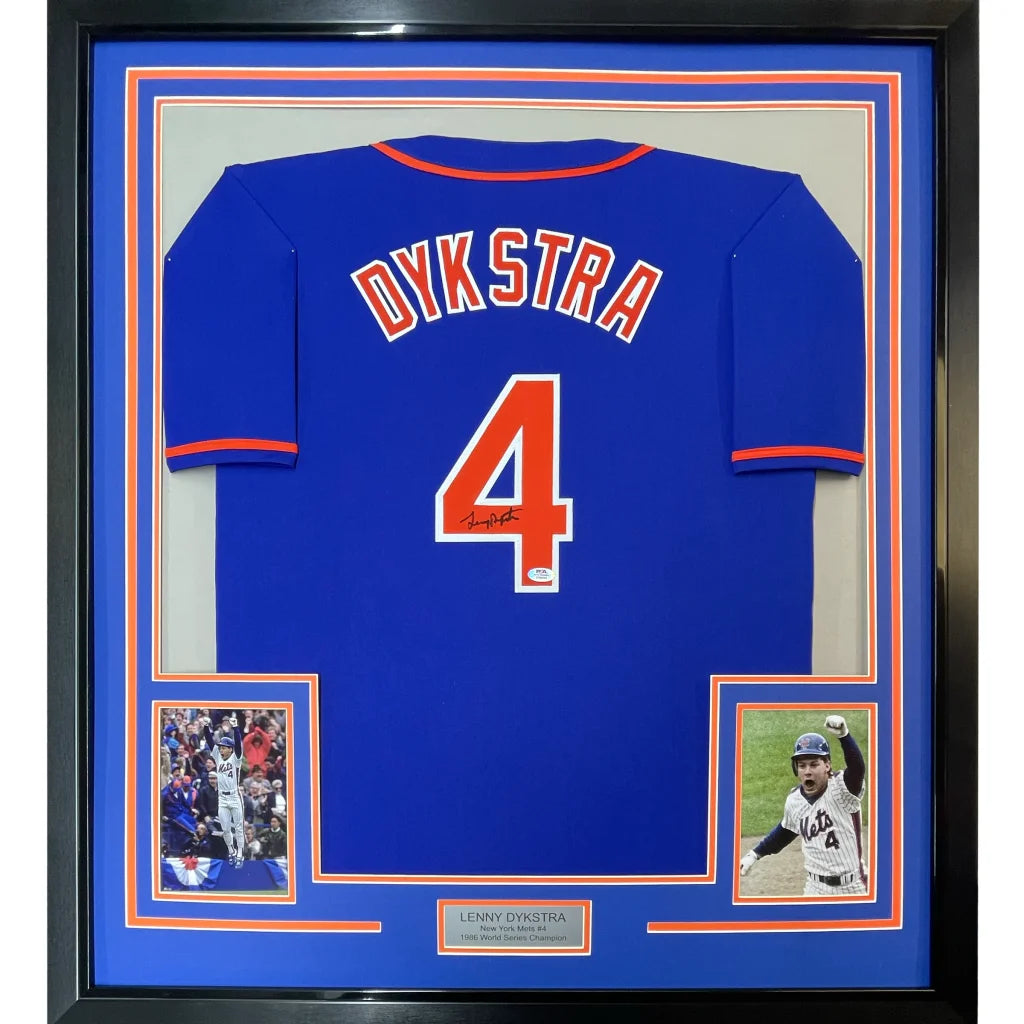 Framed Autographed Lenny Dykstra 35x39 New York Blue Baseball Jersey JSA COA | Hall of Fame Sports Memorabilia | vintageantiquesgifts.com