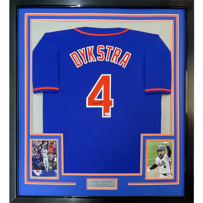 Framed Autographed Lenny Dykstra 35x39 New York Blue Baseball Jersey JSA COA | Hall of Fame Sports Memorabilia | vintageantiquesgifts.com