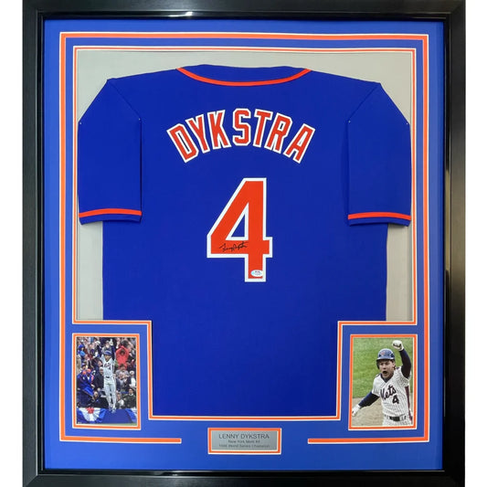 Framed Autographed Lenny Dykstra 35x39 New York Blue Baseball Jersey JSA COA | Hall of Fame Sports Memorabilia | vintageantiquesgifts.com