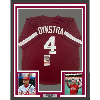 Framed autographed Lenny Dykstra Phillies maroon jersey back, name 4, JSA COA