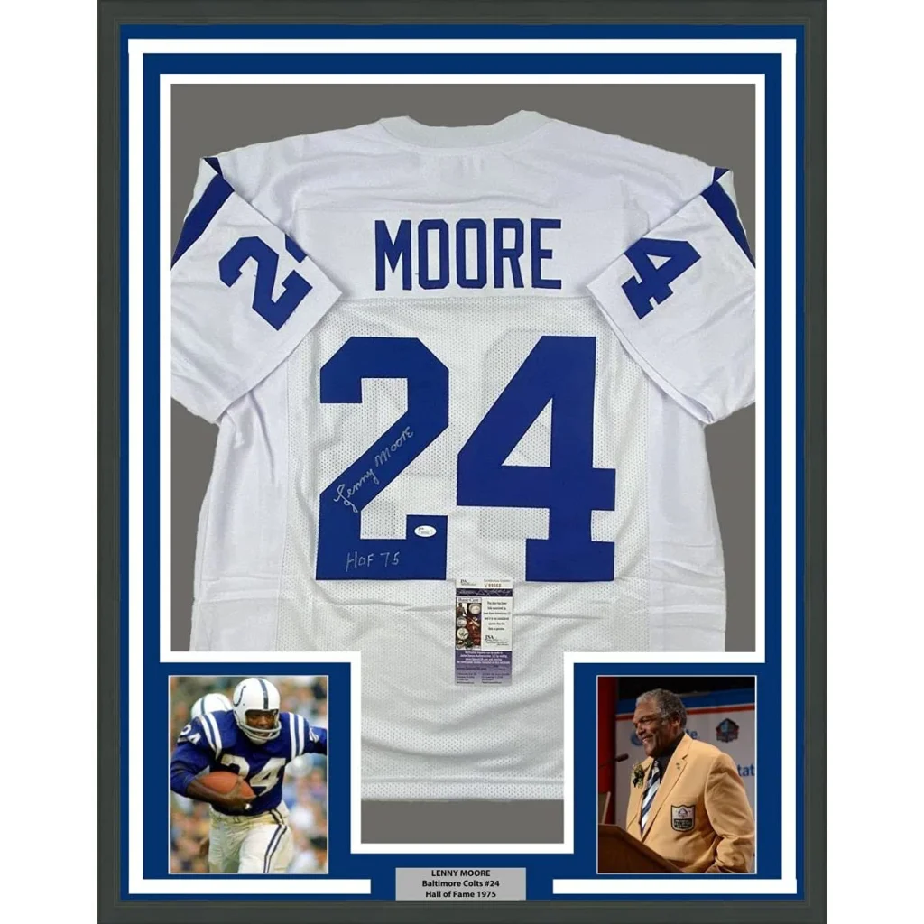 Johnny Unitas signed jersey with Hall of Fame plaque for man cave decor featuring Lenny Moore