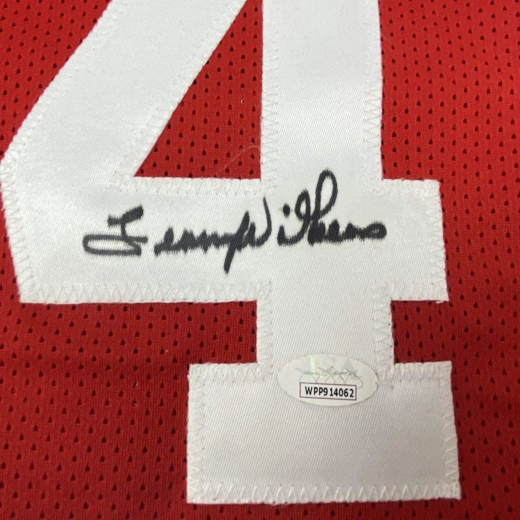 Red Wilkens basketball jersey with white number 4 and black autograph for fans