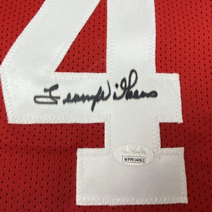 Red Wilkens basketball jersey with white number 4 and black autograph for fans