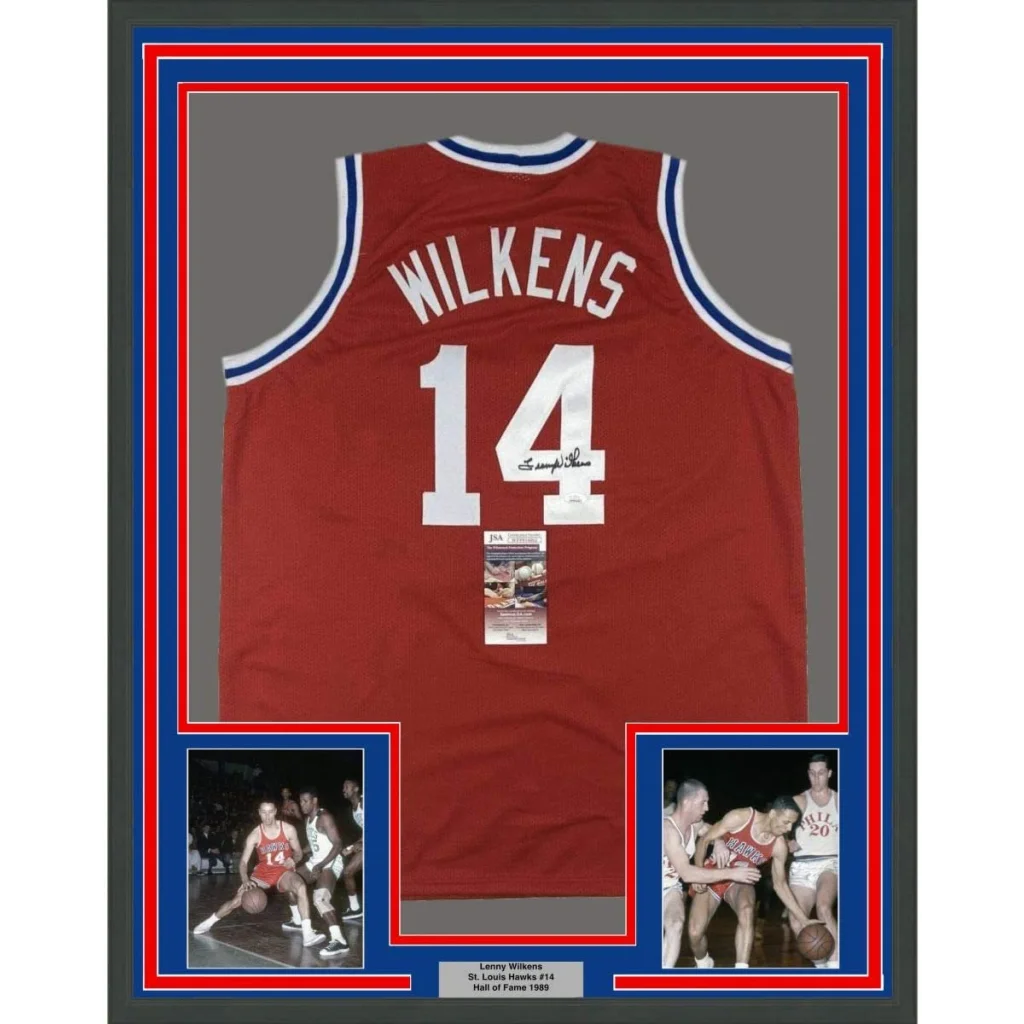 Framed autographed Lenny Wilkens St. Louis red basketball jersey with Wilkens and 14 on back
