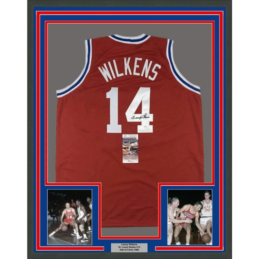 Framed autographed Lenny Wilkens St. Louis red basketball jersey with Wilkens and 14 on back