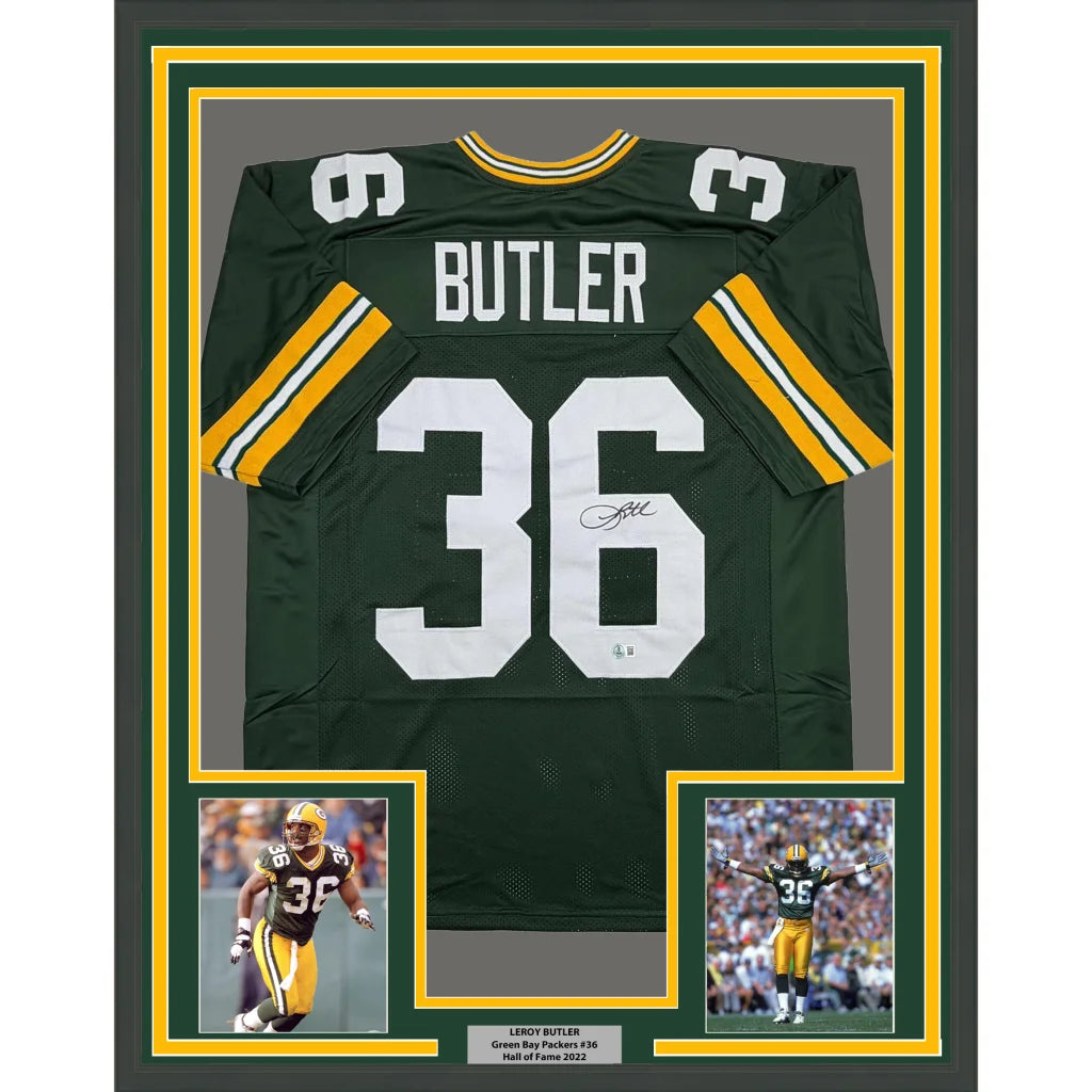 Framed Autographed Leroy Butler 35x39 Green Bay Green Football Jersey Beckett BAS COA | Hall of Fame Sports Memorabilia | vintageantiquesgifts.com