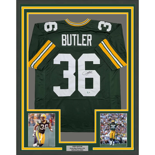 Framed Autographed Leroy Butler 35x39 Green Bay Green Football Jersey Beckett BAS COA | Hall of Fame Sports Memorabilia | vintageantiquesgifts.com