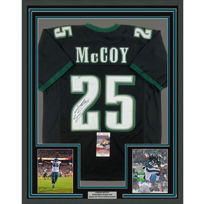 Framed signed LeSean McCoy Eagles jersey with photos and certificate of authenticity